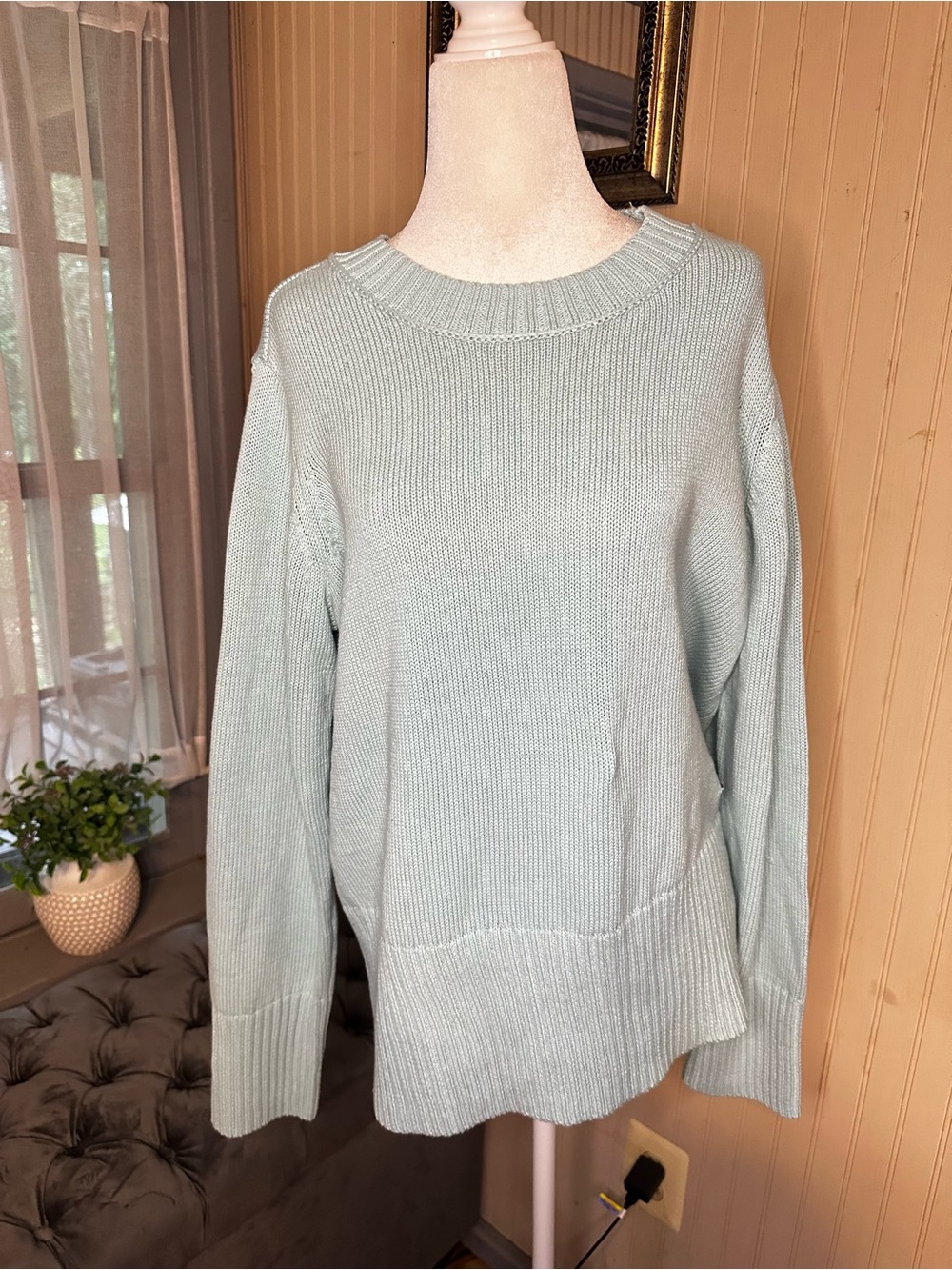 Peace Love World Womens M Blue Knit Sweater Orange Stripe 100% Cotton Pullover